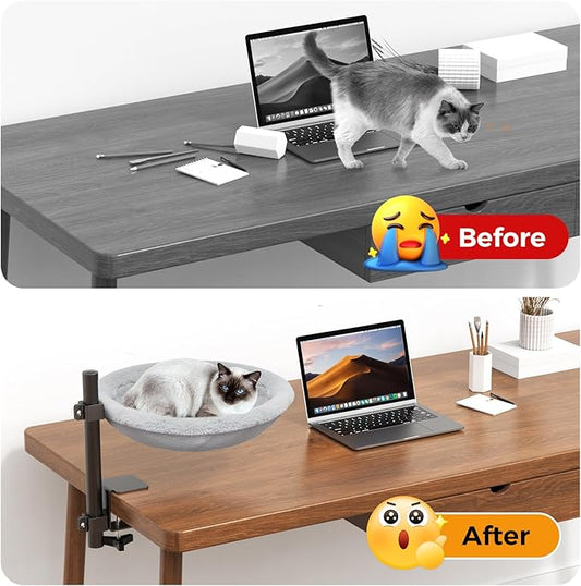 TVOVT On/Under Cat Desk Bed - 360°Rotation & Adjustable Mount Perch Cats Hammock Up to 50 lbs Cat Furniture for Office Desks and Game Tables with 2 Soft and Breathable Dual-Sided Reversible Mat