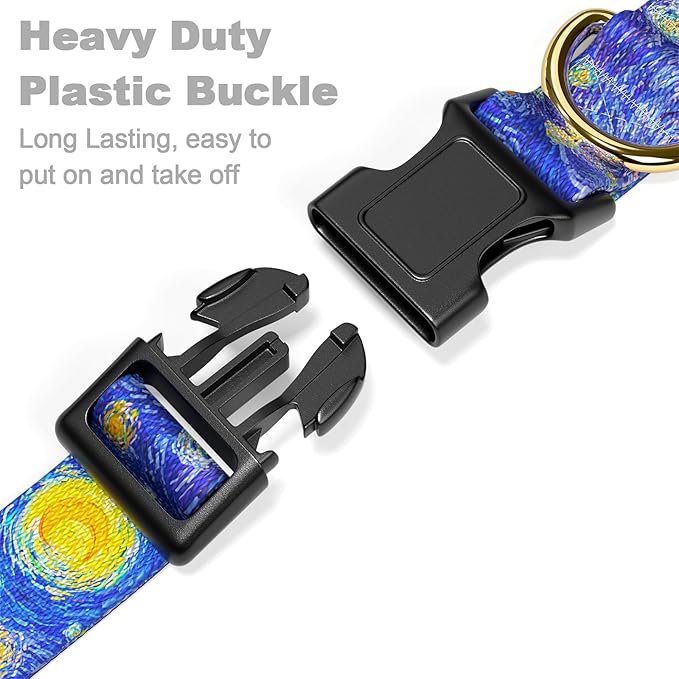 Rnivvi Dog Collar for Medium Dogs, Cute Heavy Duty Adjustable Puppy Collar with Quick Release Buckle for Girl & Female, Pet Accessories for Walking Running, M Length 1" Width, Van Gogh Starry Night