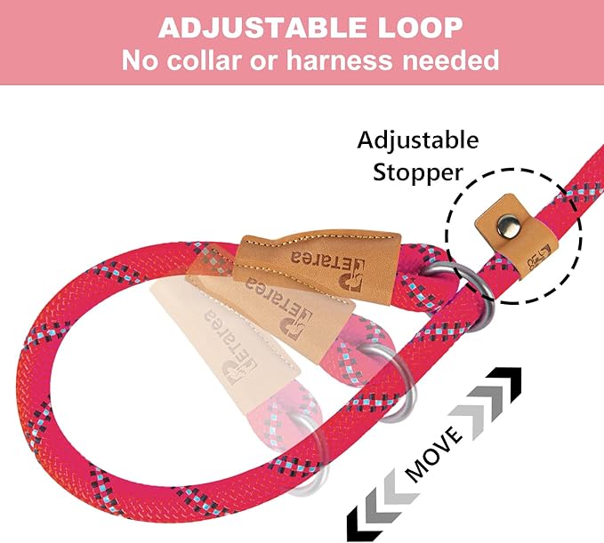 5 FT Slip Lead Heavy Duty Rope Leash for Small Medium Large Dogs, No Pull Training Lead with Reflective Thread, Strong Comfortable Loop Leash (Red Stripe, Large(1/2"))