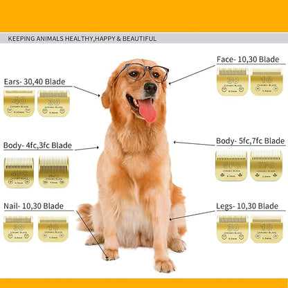 Detachable Pet Dog Grooming Clipper Ceramic Blades Set,Compatible with Andis,Oster A5,Wahl KM10 Series Clippers,Size 7FC/5FC/4FC/3FC 4 Pack,Gold