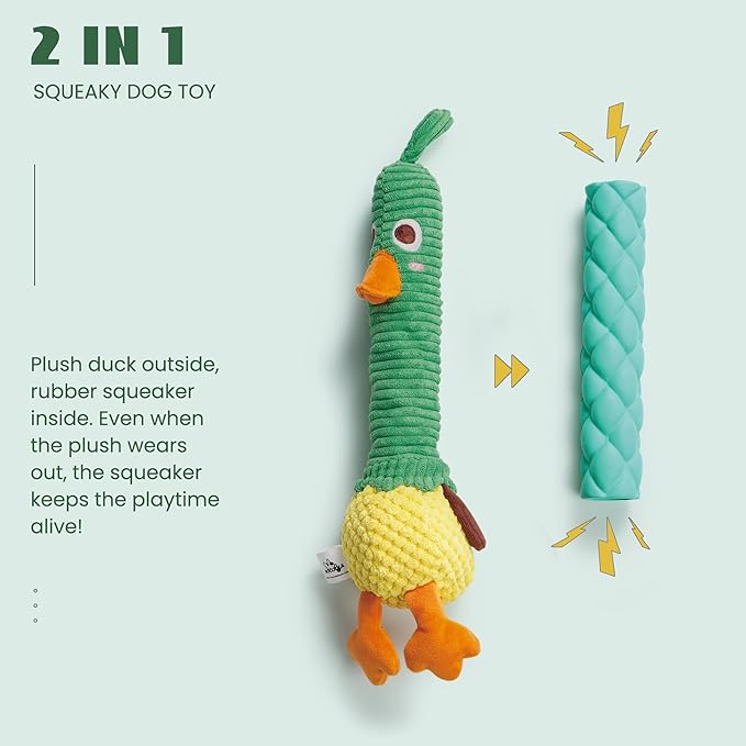 Nocciola 2 in 1 Duck Dog Toy with a Large Rubber Squeaker - Tough Durable Stuffed Squeaky Crinkle Chew Toys for Aggressive Chewers, Medium and Large Breeds