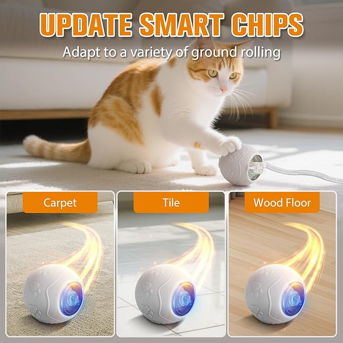 Maycserena Interactive Cat Toys for Indoor,Automatic Moving Electric Rolling Pet Ball,Smart Teasing Toy for Kitty,3 Modes and USB Rechargeable,Tail 2.0 Cat Feather Toy Gray