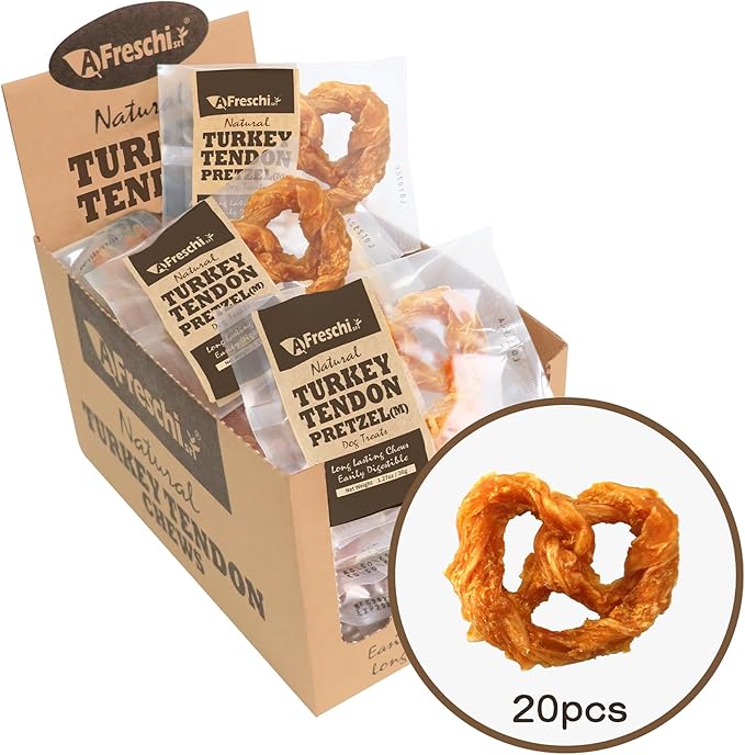 A Freschi srl Turkey Tendons for Dogs, USA-Sourced, Healthy Dog Treats, Rawhide-Free Puppy Chews, Long Lasting, All Natural, Hypoallergenic Dog Treats for Medium Breeds, 20 Count Box Pretzel (M)