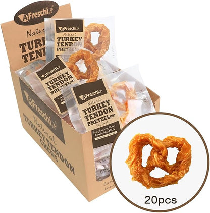 A Freschi srl Turkey Tendons for Dogs, USA-Sourced, Healthy Dog Treats, Rawhide-Free Puppy Chews, Long Lasting, All Natural, Hypoallergenic Dog Treats for Medium Breeds, 20 Count Box Pretzel (M)