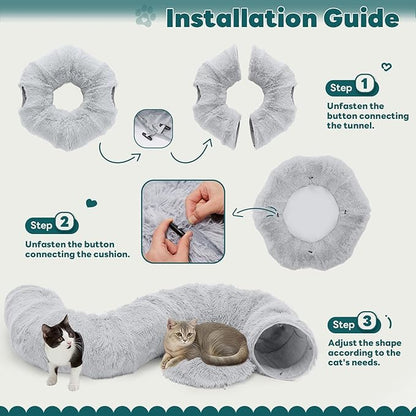 DUMOS Cat Tunnel Bed for Indoor Cats Cave Donut Play Tunnel with Soft Plush Peekaboo, Circle Cushion, Washable Multifunctional Playground Under Tree Pet Toys for Kittens, Puppy Rabbit, Ferret - Grey