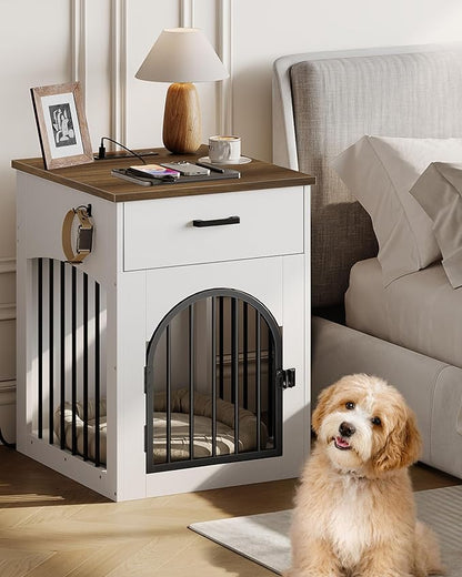 CHOEZON Dog Crate Furniture, Wooden Dog House with Charging Station and Storage Drawer, Indoor Pet Crate End Table for Small Breeds, Dog Kennel for Living Room, Bedroom, White and Walnut MGW01UWL