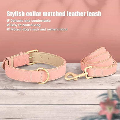 Beirui Soft Padded PU Leather Dog Collar and Leash Set, Durable Dog Leash and Collar Set with Metal Buckle, Breathable Pet Collars with 4FT Leash for Small Dogs(Pink, Neck 10-13")