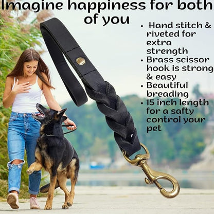 Leather Short Dog Leash 15 Inch - Short Dog Traffic Lead for Large Dogs Training and Walking - Braided Leather Tab for Large Dogs - Full Grain Heavy Duty. (Black, 1 FT)