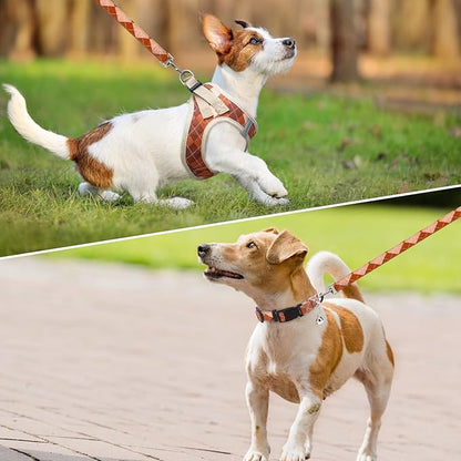 SCENEREAL Small Dog Harness and Leash Collar Set, Fall Step in No Pull Soft Mesh Dog Harnesses for Small Medium Sized Dogs Puppy Outdoor Walking, No Chock Reflective Vest Harness, Brown Plaid M
