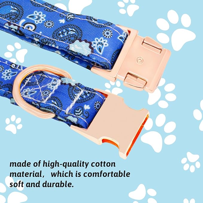 Dog Collar and Leash Set Girls Adjustable Puppy Collars with Floral Bow Tie for Small Medium Large Female Dogs, BluePaisley, XS