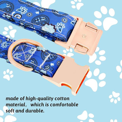 Dog Collar and Leash Set Girls Adjustable Puppy Collars with Floral Bow Tie for Small Medium Large Female Dogs, BluePaisley, M