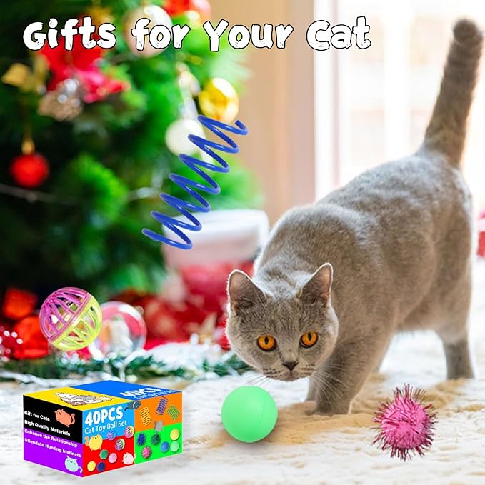 Flashine Cat Toys for Indoor Cats 40 PCS Kitten Toys Cat Interactive Toys Pack Including Cats Springs Sparkle Ball Pom Pom Ball Jingle Balls Tracks Balls