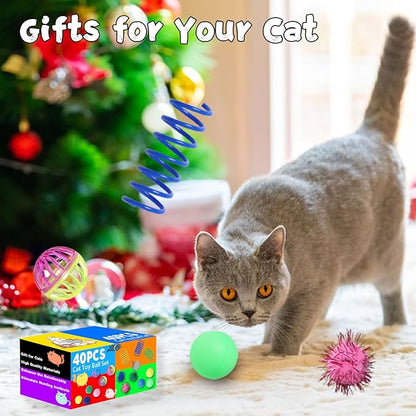 Flashine Cat Toys for Indoor Cats 40 PCS Kitten Toys Cat Interactive Toys Pack Including Cats Springs Sparkle Ball Pom Pom Ball Jingle Balls Tracks Balls