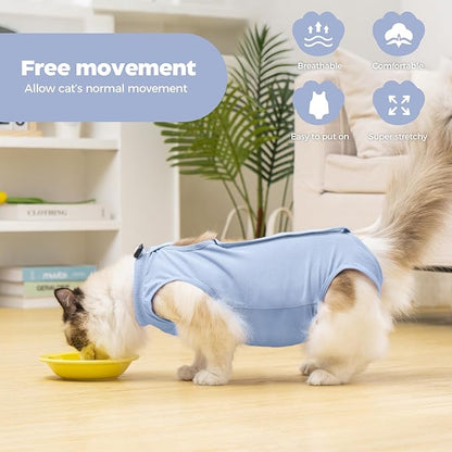 Avont Cat Recovery Suit Post-Surgery Onesie, Breathable Cone-of-Shame Alternative Bodysuit for Spayed Female Kittens, Skin Abdonminal Wound Care -Blue(S)