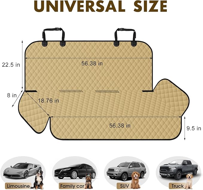 NECKORY Backseat Cover for Dogs, Waterproof and Non-Slip Pet Bench Seat Covers, Car Seat Protector for Back Seat, Universal Size Rear Car Seat Cover Fits Cars, Trucks and SUVs, L-Khaki&Black