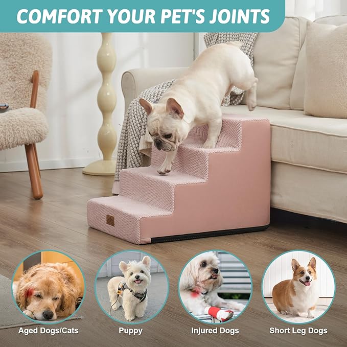 COZY KISS Dog Stairs for Small Dogs, 17.7" Extra Wide Right-Angle Pet Stairs for Couch and Beds, Anti-Slip Dog Steps for Old Cats and Lowrider, 17.7x23.6x17.7 inch, Pink