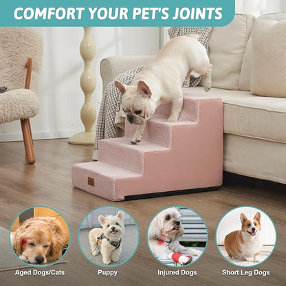COZY KISS Dog Stairs for Small Dogs, 17.7" Extra Wide Right-Angle Pet Stairs for Couch and Beds, Anti-Slip Dog Steps for Old Cats and Lowrider, 17.7x23.6x17.7 inch, Pink