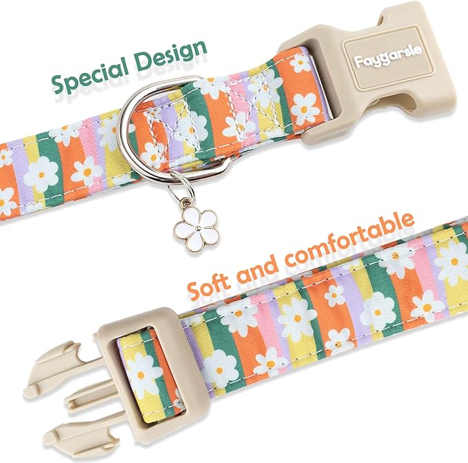 Faygarsle Colorful Floral Dog Collar, Cotton Fabric with Daisy Pattern, Multi-Color Stripes Spring Summer Design for Small Medium Large Dogs S