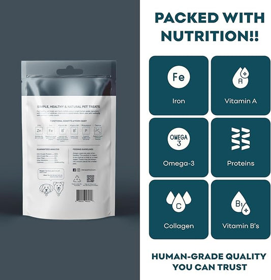 Skona PetFood Pork Heart Jerky Dog & Cat Treats, Single-Ingredient, High Protein Training Snacks, Natural & Healthy, USA Made, Rich in Nutrients, Supports Heart, Eye & Dental Health, 4oz