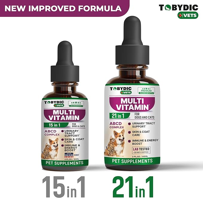 TOBYDIC Cat & Dog Multivitamin 21 in 1 Pet Supplements with Cranberry & Glucosamine - Natural Medicine & Support for UTI, Urinary Tract, Bladder, Kidney, Skin Coat, Joints Treatment Made in USA