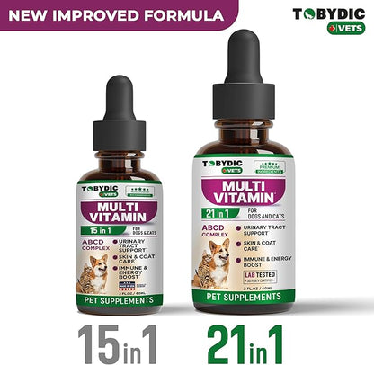 TOBYDIC Cat & Dog Multivitamin 21 in 1 Pet Supplements with Cranberry & Glucosamine - Natural Medicine & Support for UTI, Urinary Tract, Bladder, Kidney, Skin Coat, Joints Treatment Made in USA