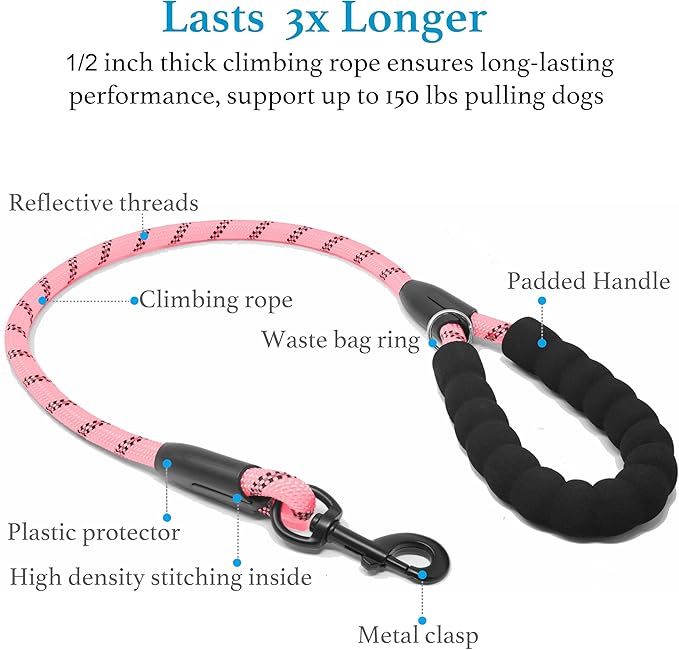iYoShop Dual Dog Leash - 360° Swivel, No Tangle Walking Leash with Shock Absorbing Bungee for Two Dogs (Large, 25-150 lbs, Baby Pink)