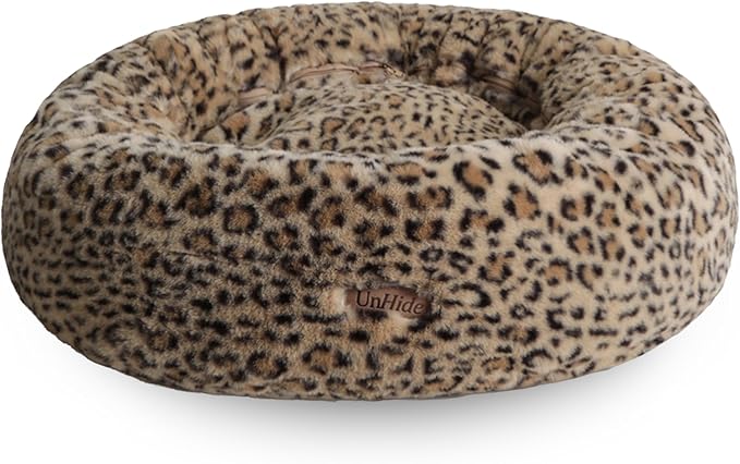 UnHide Floof Pet Bed - Large (35" x 12") - Extra Soft Dog Bed - Removable Faux Fur Cover - Machine Washable - Helps Ease Pet Anxiety & Provides The Perfect Sleep - Leopard