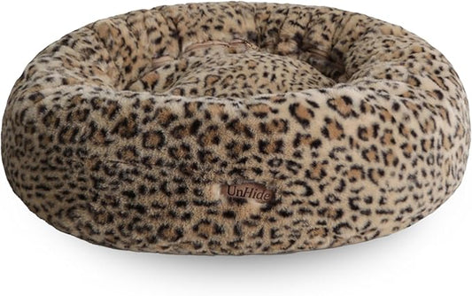 UnHide Floof Pet Bed - Large (35" x 12") - Extra Soft Dog Bed - Removable Faux Fur Cover - Machine Washable - Helps Ease Pet Anxiety & Provides The Perfect Sleep - Leopard