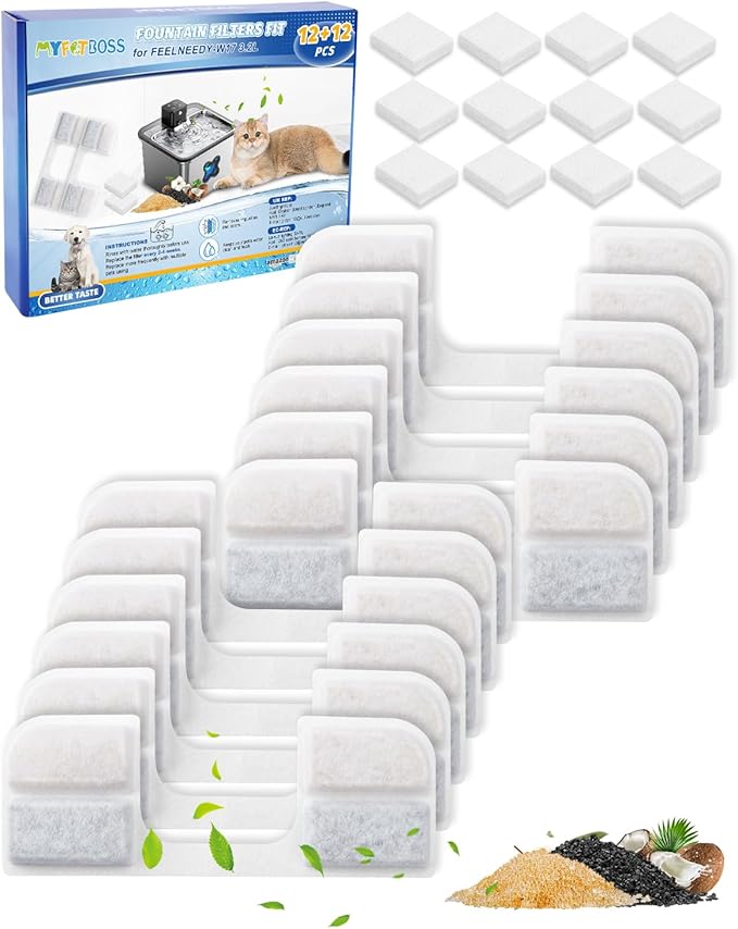 MyfatBOSS 12 + 12 Pack Cat Water Fountain Filter Replacement Compatible with Compatible with FEELNEEDY Cat Water Fountain FN-W17 3.2L/ 108oz, Pet Water Fountain Filter Replacement Filters and Sponges