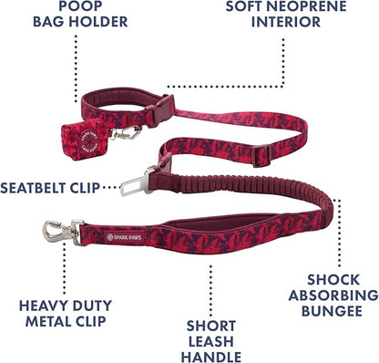 Spark Paws Handsfree Dog Leash – Shock Absorbing Waist Bungee Lead for Running, Car Seatbelt Clip & Poop Bag Set, Heavy Duty Tactical Lead for Medium, Large & X-Large Breeds - Fuchsia Camo