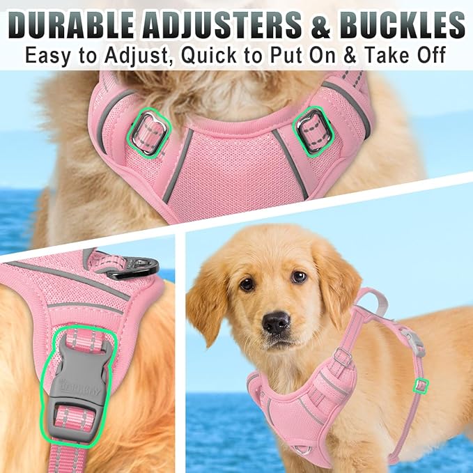 BARKBAY No Pull Dog Harness Large Reflective Dog Harness with Front Clip and Easy Control Handle for Walking Training Running with ID tag Pocket(Baby Pink,XS)