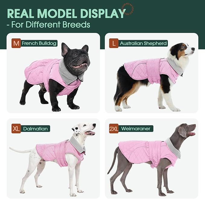 Kuoser Extra Warm Dog Coat, Windproof Cold Weather Dog Jackets for Large Dogs, Thick Fleece Lining Pet Turtleneck Snowsuit Reflective Adjustable Puppy Winter Coat Doggie Snow Jacket Pink, XL