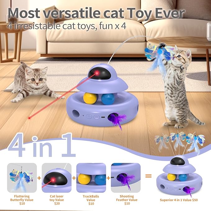 MOHAYA Cat Toy,Purple 4-in-1 Interactive,Cat Toys for Bored Indoor Adult Cats,Electric Flying Butterfly,Rechargeable Automatic Toy,Moving Ambush Feather,Track Balls