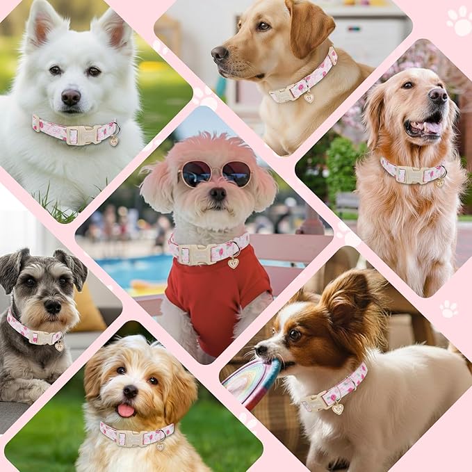 Dog Collars for Small Dogs, Adjustable Pink Dog Collars with Rose Pattern, Cute Dog Collar for Dogs Spring Summer Collars for Girl Boy Dog-S