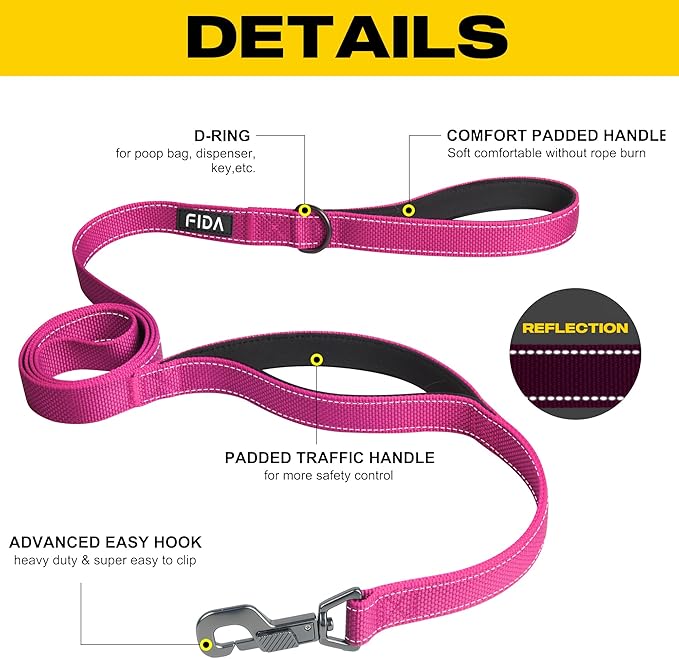 Fida 6 FT Heavy Duty Dog Leash with 2 Comfortable Padded Handles, Traffic Handle & Advanced Easy Snap Hook, Reflective Walking Lead for Large, Medium & Small Breed Dogs, Rose