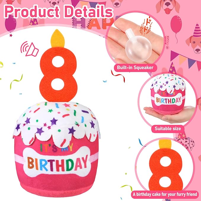 Dog Birthday Cake Toy Accessories for Girl Boy Gifts, Squeaky Plush Toy for Dog Birthday Party Decor Favor for Large, Medium and Small Dogs(8th,Pink)
