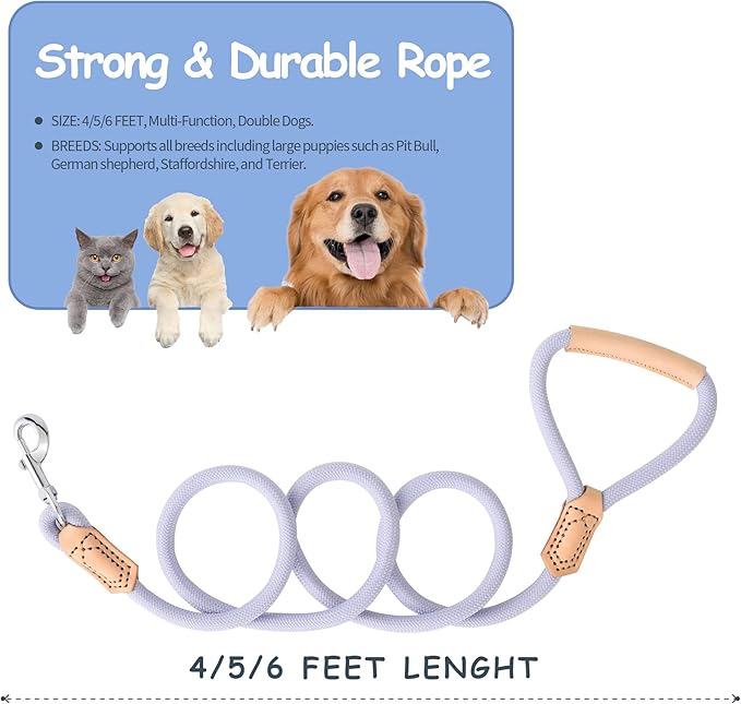 Mile High Life Leather Dog Leash, Heavy Duty Strong Genuine Leather Handle Rope Leash Soft and Comfortable for Small Medium Large Dogs (Purple, 48 Inch)