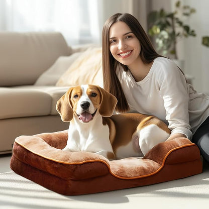 DUMOS 35x25 Inch Orthopedic Dog Beds for Large Sized Dogs, Machine Washable Cover Pet Bed, Anti-Slip Waterproof Memory Foam Couch Bed for Indoor Dogs and Cats, Brown