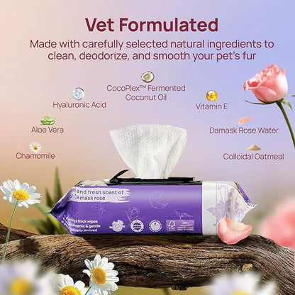 HICC PET Cleaning Deodorizing Wipes for Dogs & Cats, Vet Recommended Plant-Based Pet Grooming Wipes, Fermented Coconut Oil Grooming Paws, Body and Butt, Family Size Supply 400 Count, Rose