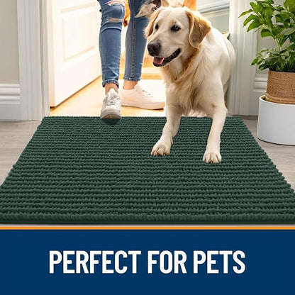OLANLY Dog Door Mat for Muddy Paws 24x16, Ultra Absorbent Chenille Mud Doormat, Non-Slip Washable and Dirt Trapping Doormat for Indoor Entryway, Quick-Dry Indoor Pet Bed Mats for Dogs, Blackish Green
