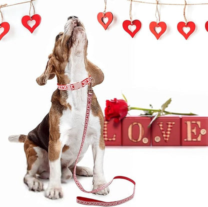 azuza Valentine's Day Dog Collar and Leash Set, Adjustable Pink Dog Collar with Sparkly Red Hearts Matching Leash Valentines Day Gifts for Large Dogs