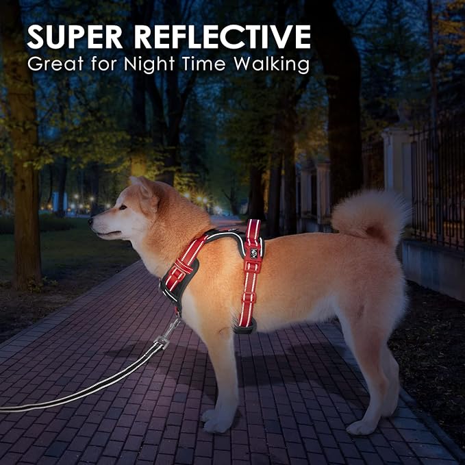 PHOEPET No Pull Dog Harness, Unique Colors Reflective Adjustable Dog Vest, with Soft Training Handle Metal Clips for Small Medium Large Dogs (Black Base & Red Straps,L)