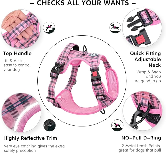 PoyPet No Pull Dog Harness, [Release at Neck] Reflective Adjustable No Choke Pet Vest with Front & Back 2 Leash Attachments, Soft Control Training Handle for Small Dogs(Checkered Pink,XS)