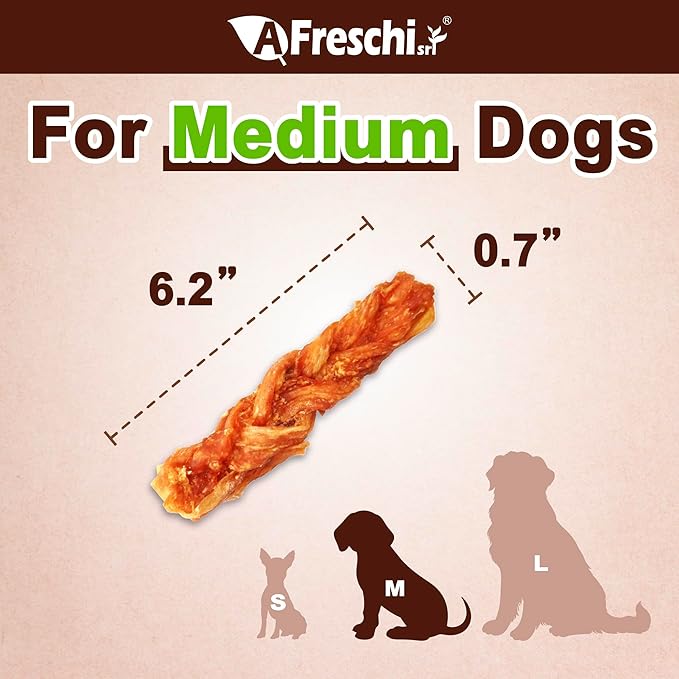 A Freschi srl Turkey Tendons for Dogs, USA-Sourced, Healthy Dog Treats, Rawhide-Free Puppy Chews, Long Lasting, All Natural, Hypoallergenic Dog Treats for Medium Breeds, 8 oz Pack Braid (M)