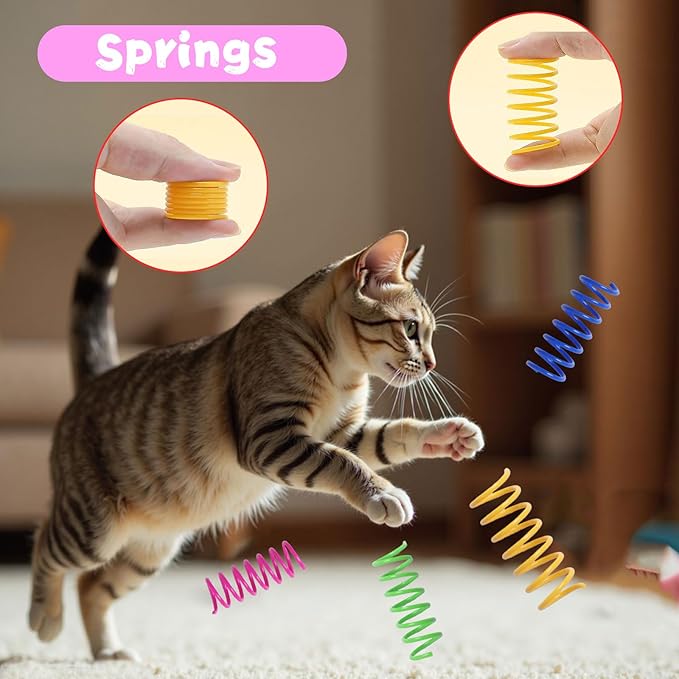 Flashine Cat Toys for Indoor Cats 40 PCS Kitten Toys Cat Interactive Toys Pack Including Cats Springs Sparkle Ball Pom Pom Ball Jingle Balls Tracks Balls