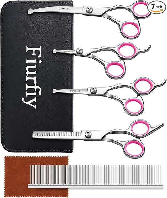 Fiurfiy Furry Professional Pet Grooming Scissors with Safety Round Heads - 6 in 1 Curved Scissors for Dogs and Cats