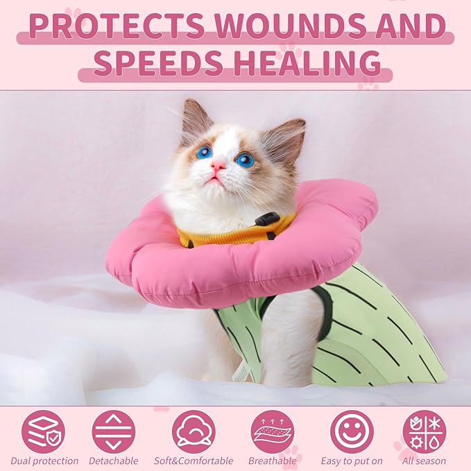 EMUST Cat Recovery Suit and Cat Surgery Suit, Cats Surgical Suit for Abdominal Wounds, Soft & Adjustable Flower Cats Cone Collar, After Surgery for Female Kittens Under 4lb(Green, S)