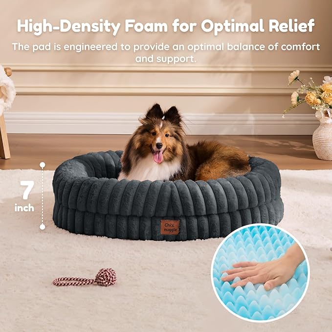ChiXnuggle Dog Bed Medium Sized Dog - Luxury Striped Faux Fur Waterproof Pet Couch with Removable Washable Cover, Orthopedic Pet Bed with Bolster Sides for Sleeping, Dark Grey