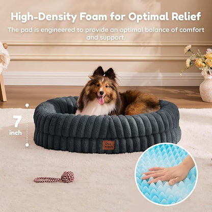 ChiXnuggle Dog Bed Medium Sized Dog - Luxury Striped Faux Fur Waterproof Pet Couch with Removable Washable Cover, Orthopedic Pet Bed with Bolster Sides for Sleeping, Dark Grey