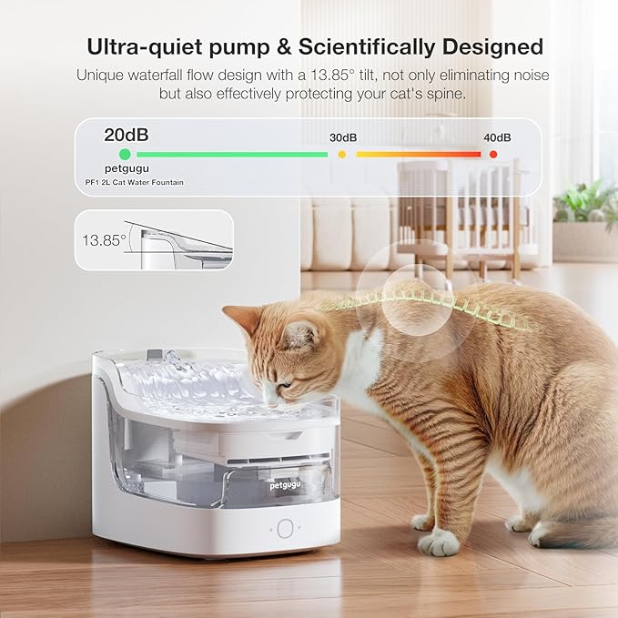 Petgugu PF1 2L Cat Water Fountain Smart App Control 8 Layers Filtration Automatic Water Dispenser for Cats Dogs Pet Water Fountain Wireless Pump Pet Health Manager 2.4G WiFi